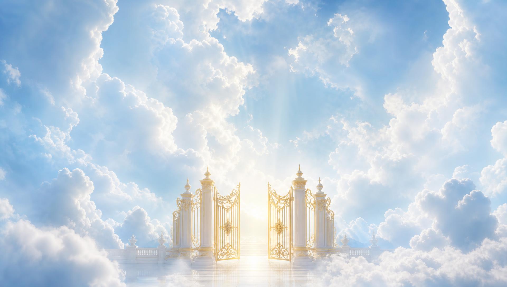 Golden gates of heaven glowing among soft clouds in a baby blue sky